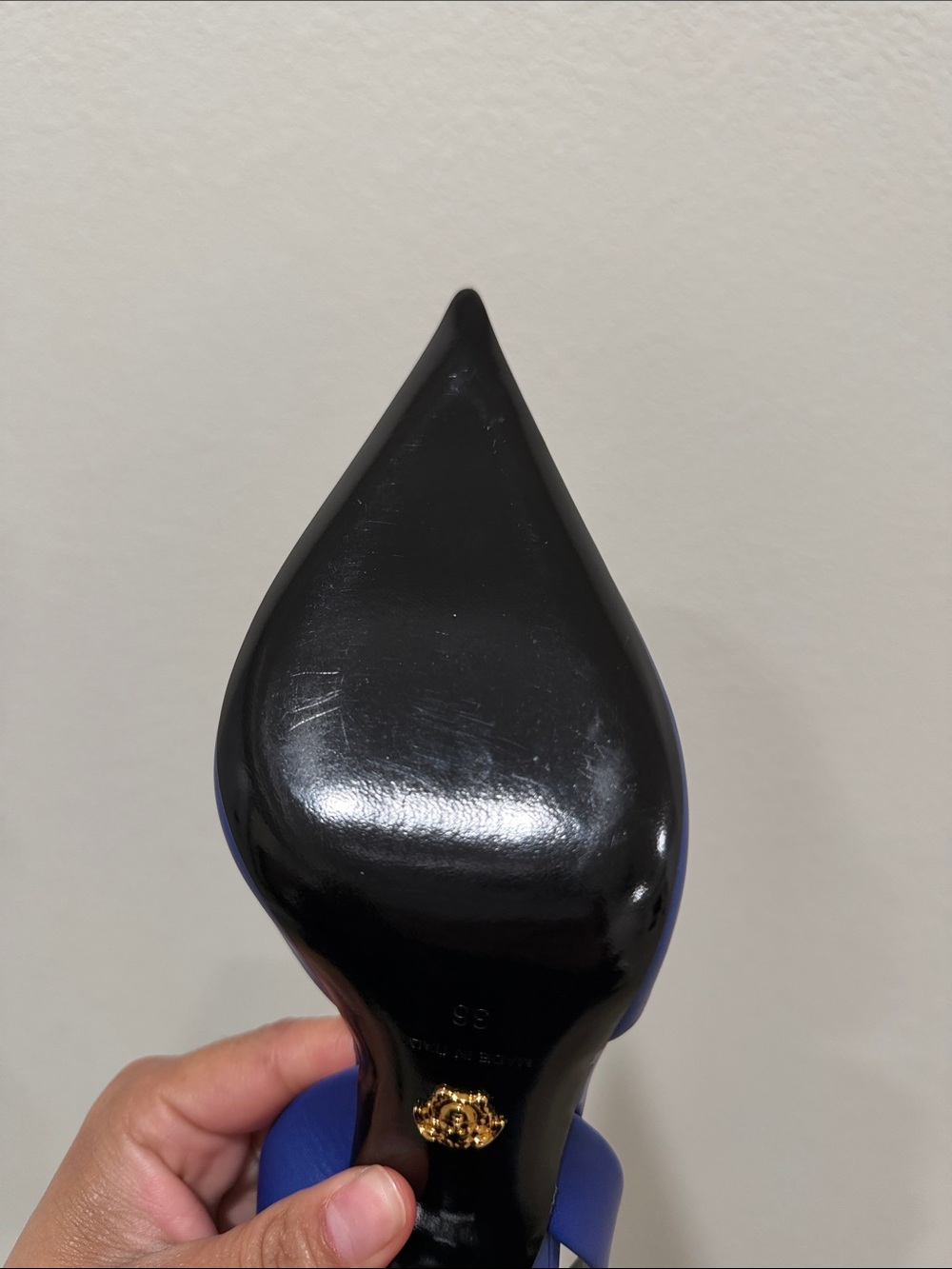 Versace Royal Blue Medusa Pointed Slingback Heels - Picture 2 of 11